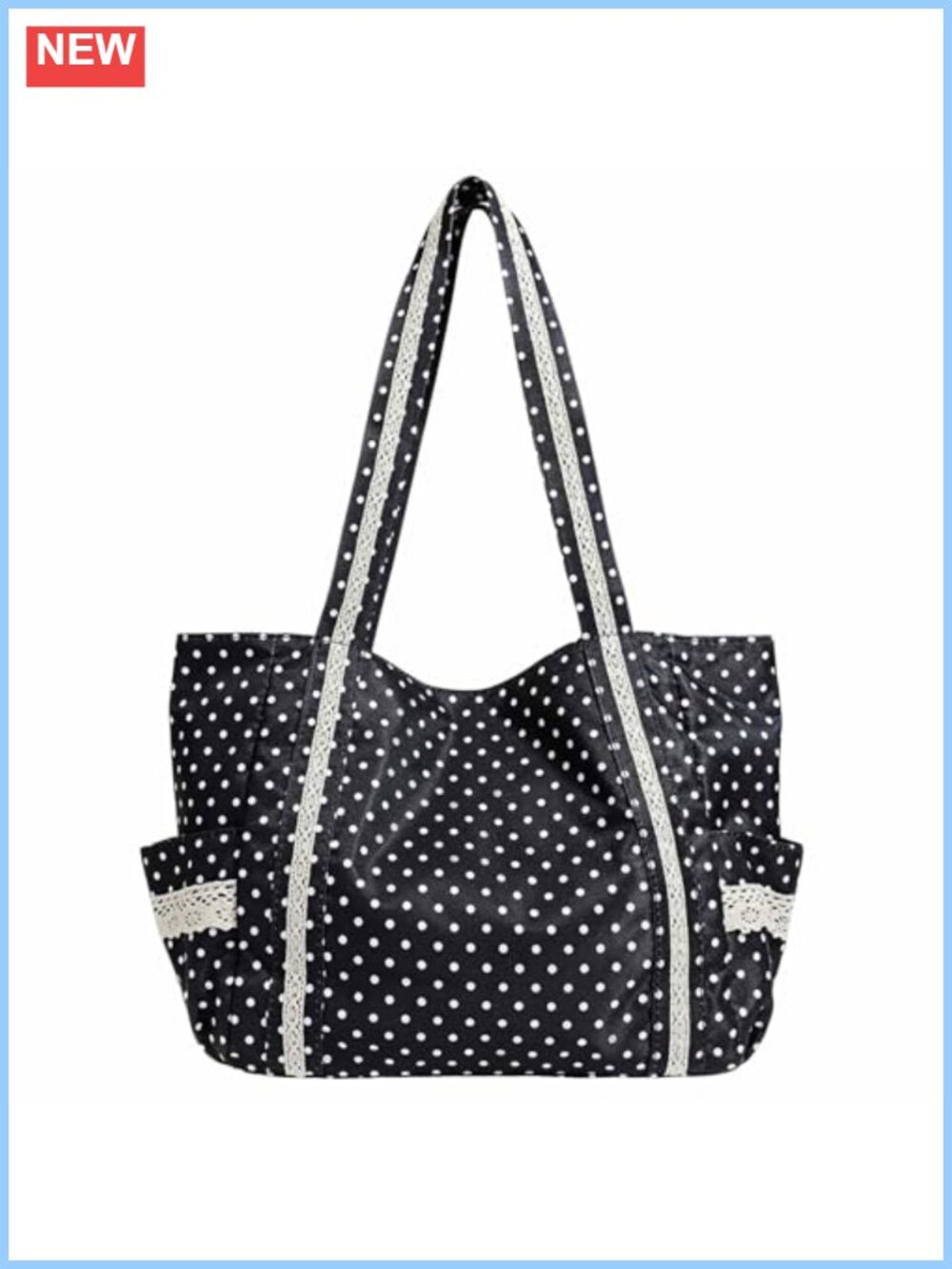 Polka Dot Canvas Tote Bag with Pockets & Lace Trim